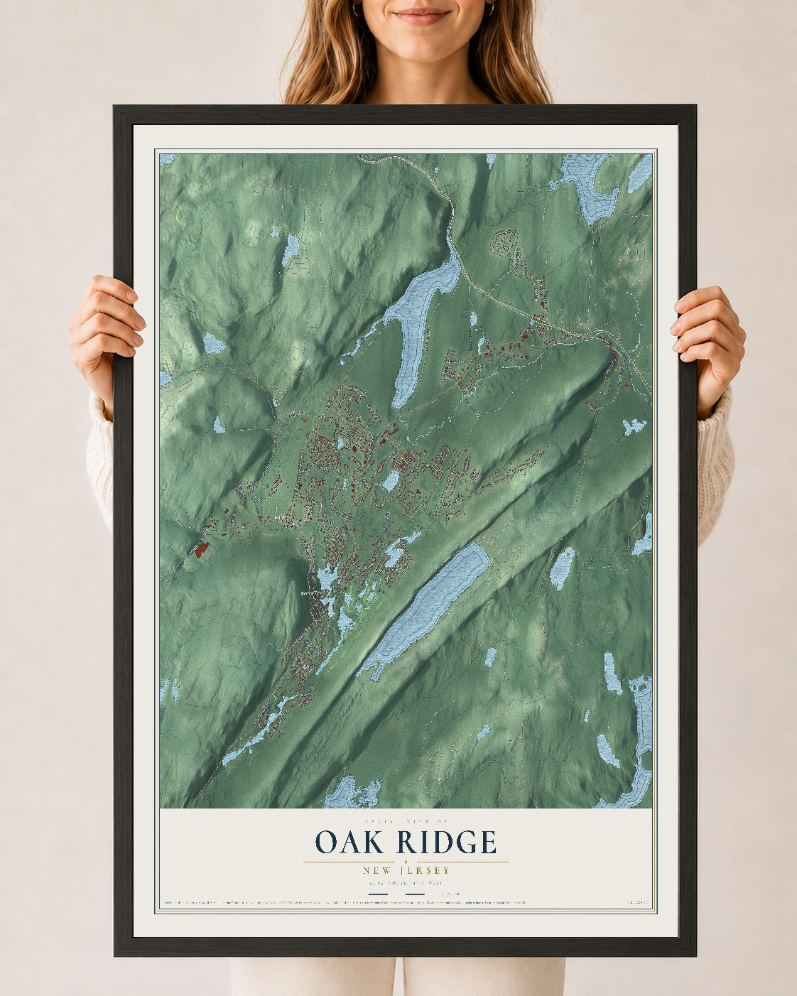 Oak Ridge, New Jersey map print, 24" x 36" W/ Black Ayous Wood Frame mockup