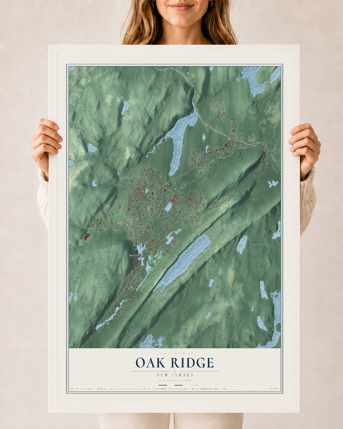 Oak Ridge, New Jersey map print, 24" x 36" W/ White Ayous Wood Frame mockup