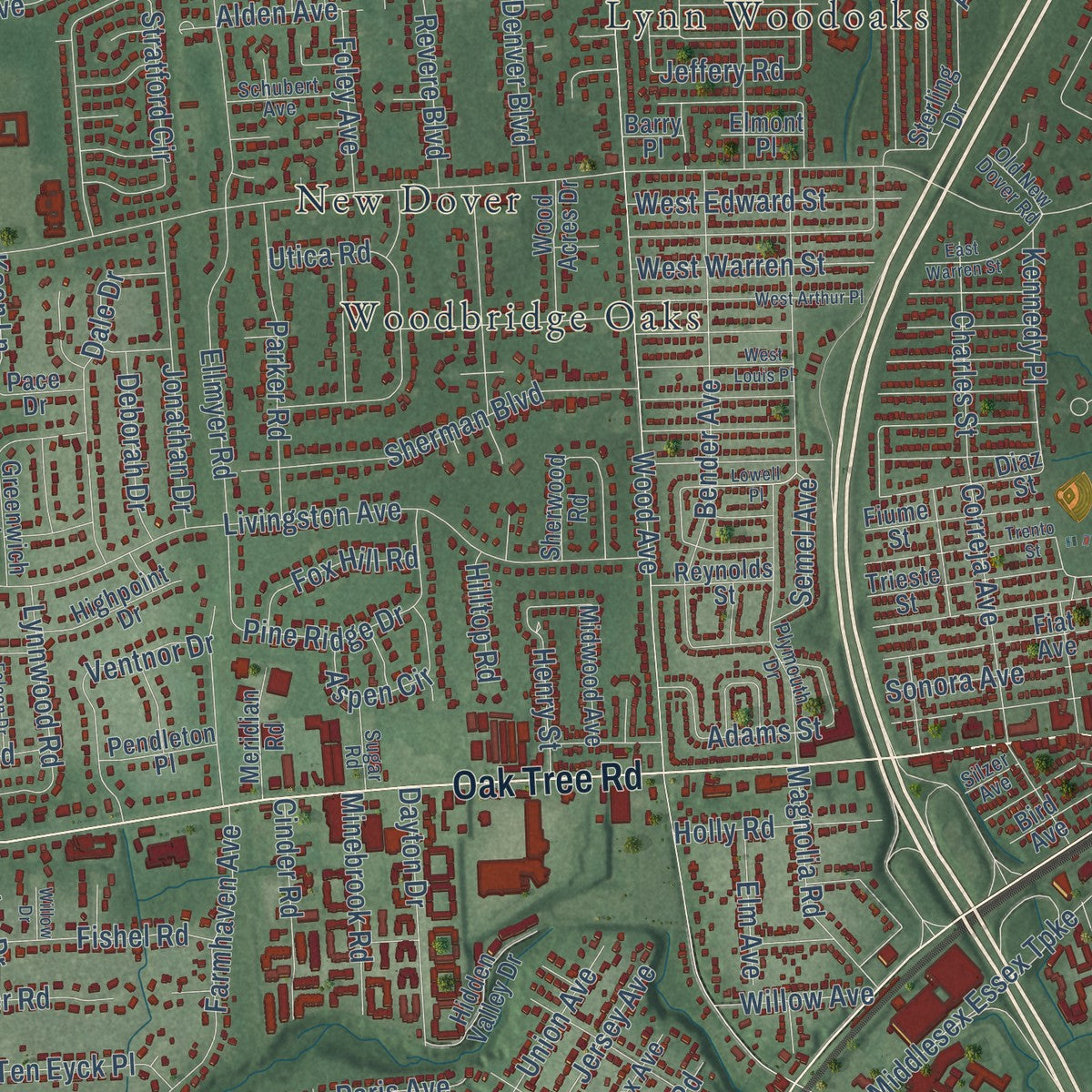 Close-up of the map of Oak Tree, New Jersey print showing street and building detail