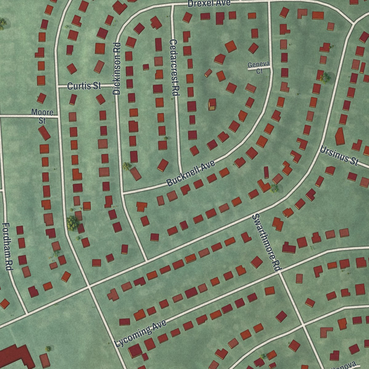 Close-up of the map of Oak Valley, New Jersey print showing street and building detail