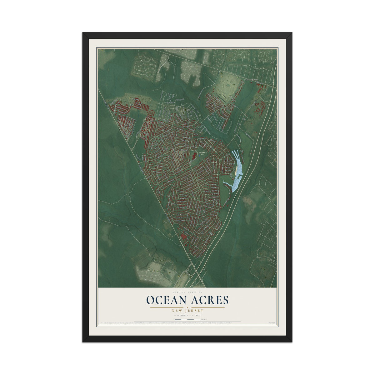 Ocean Acres, New Jersey map print, 12" x 18" W/ Black Ayous Wood Frame mockup