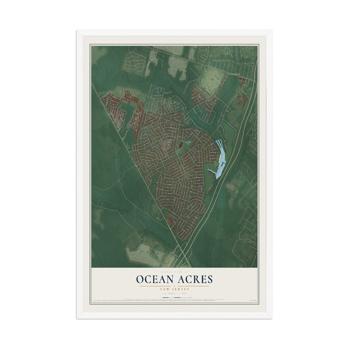 Ocean Acres, New Jersey map print, 12" x 18" W/ White Ayous Wood Frame mockup