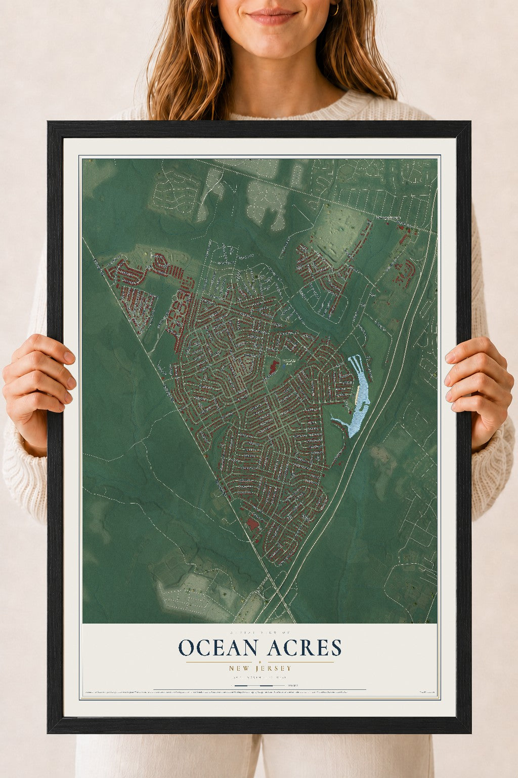 Ocean Acres, New Jersey map print, 18" x 24" W/ Black Ayous Wood Frame mockup