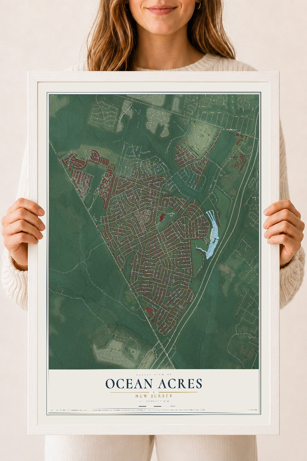 Ocean Acres, New Jersey map print, 18" x 24" W/ White Ayous Wood Frame mockup
