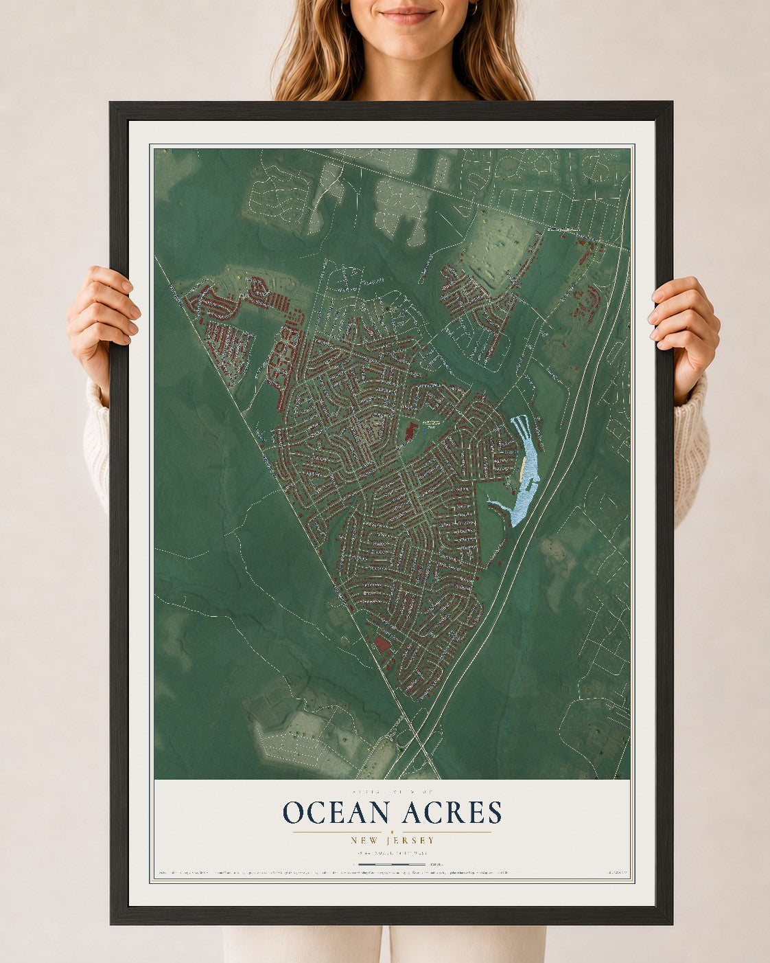 Ocean Acres, New Jersey map print, 24" x 36" W/ Black Ayous Wood Frame mockup