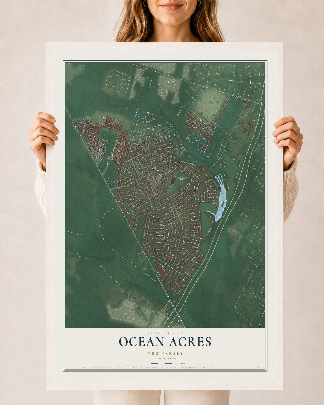 Ocean Acres, New Jersey map print, 24" x 36" W/ White Ayous Wood Frame mockup
