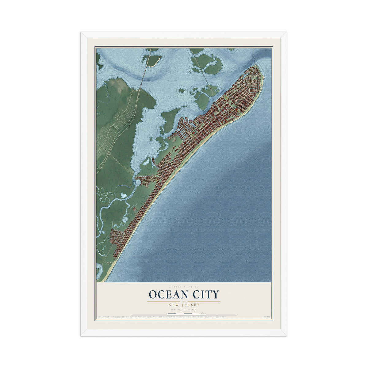 Ocean City, New Jersey map print, 12" x 18" W/ White Ayous Wood Frame mockup