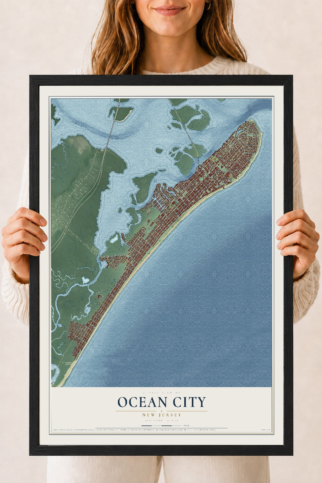 Ocean City, New Jersey map print, 18" x 24" W/ Black Ayous Wood Frame mockup