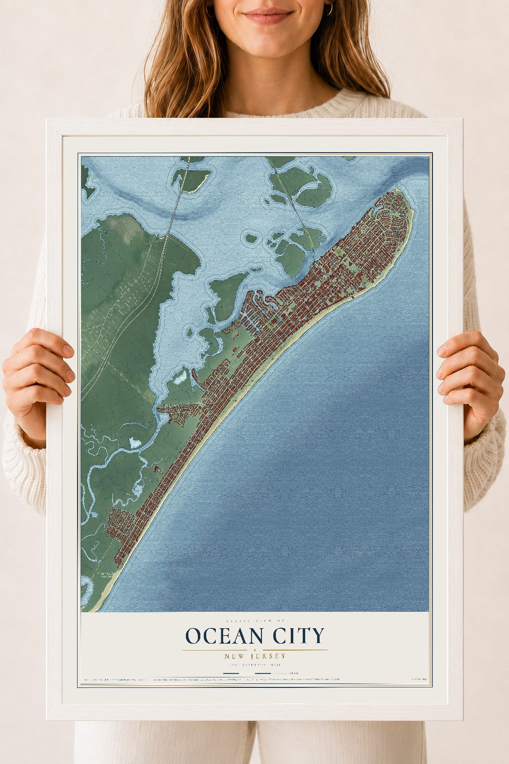 Ocean City, New Jersey map print, 18" x 24" W/ White Ayous Wood Frame mockup