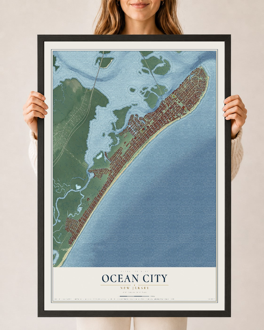 Ocean City, New Jersey map print, 24" x 36" W/ Black Ayous Wood Frame mockup