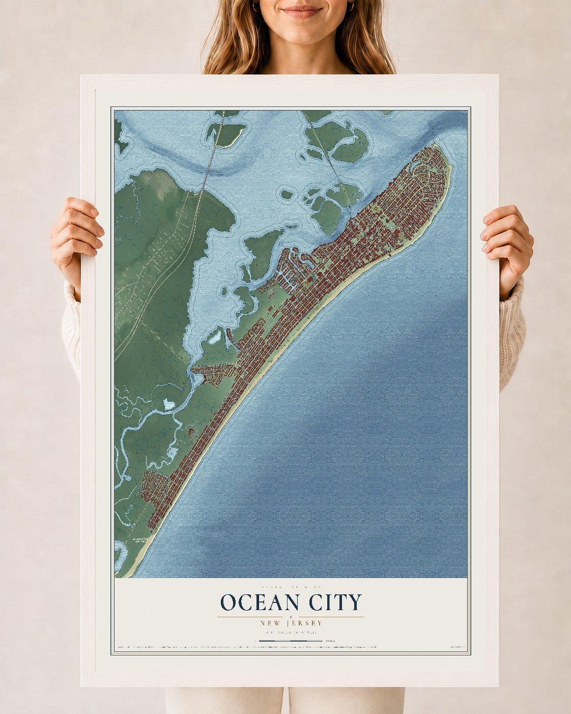 Ocean City, New Jersey map print, 24" x 36" W/ White Ayous Wood Frame mockup
