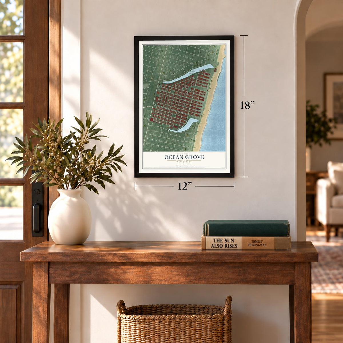 Ocean Grove, New Jersey map, 12 x 18 inch print in a black frame in an entryway
