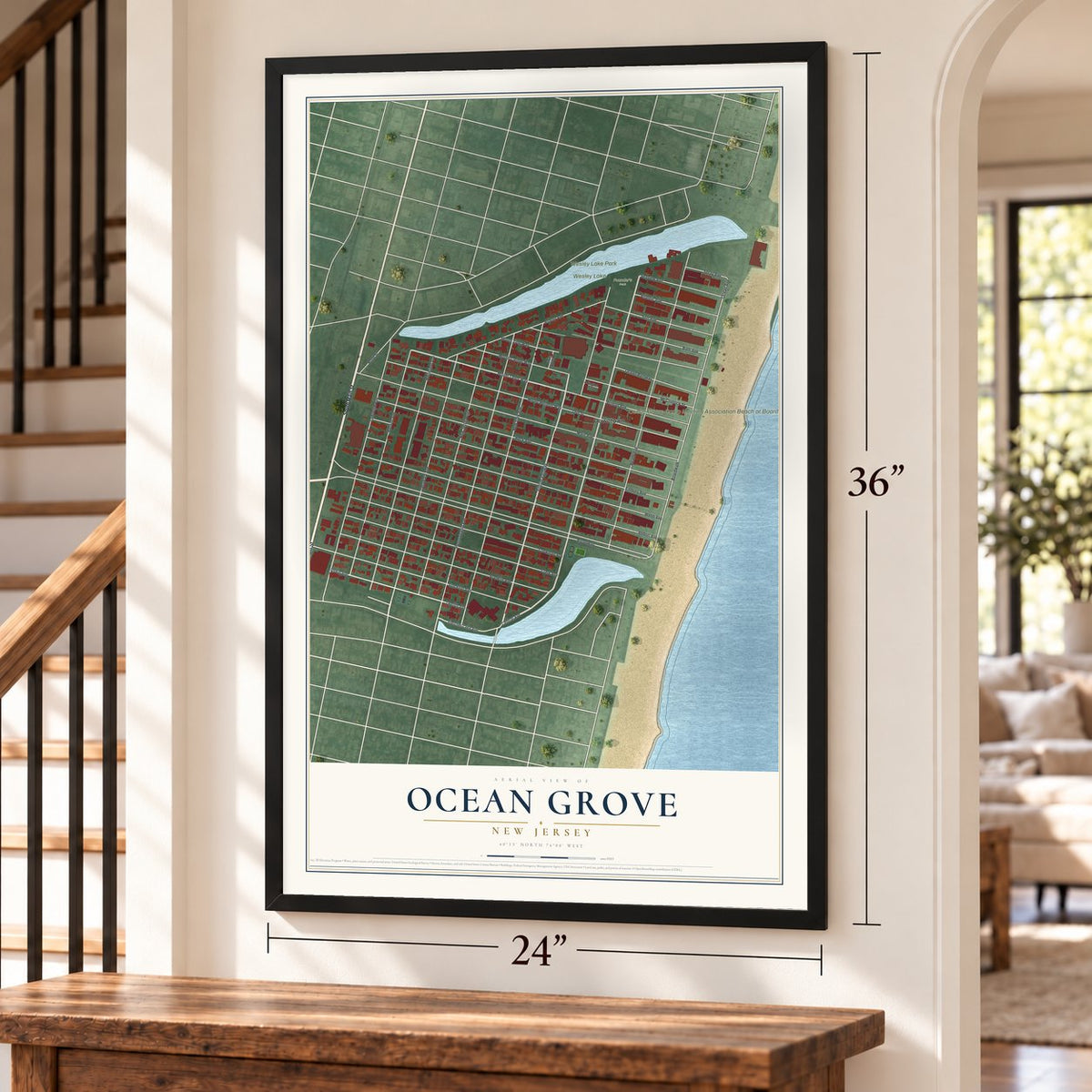 Ocean Grove, New Jersey map, 24 x 36 inch print in a black frame by a staircase