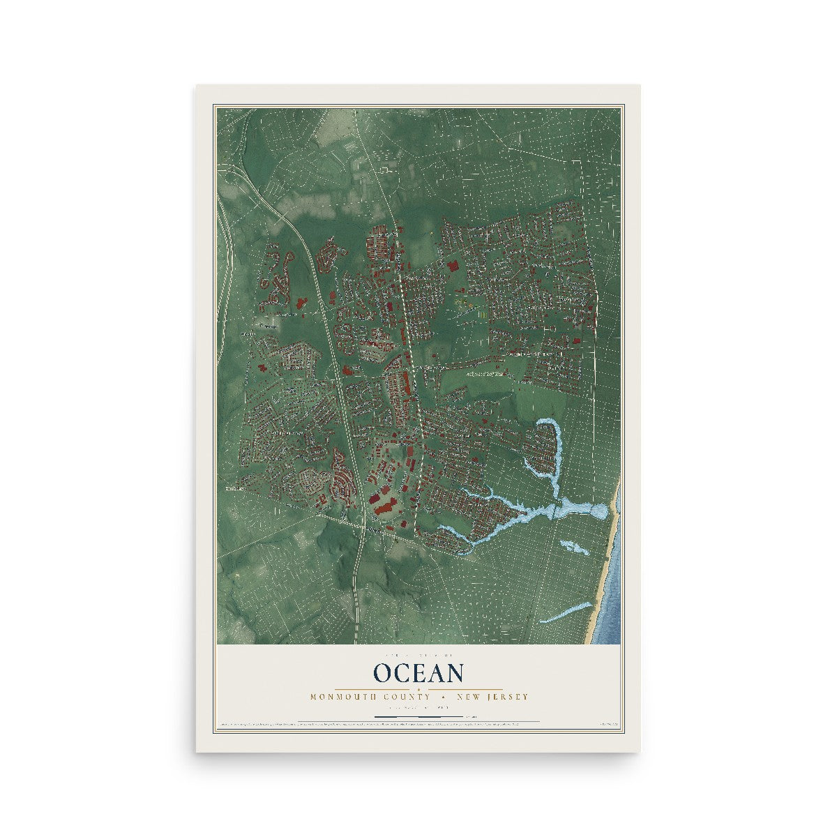 Map of Ocean, Monmouth County, New Jersey, 12 x 18 inch unframed archival matte print
