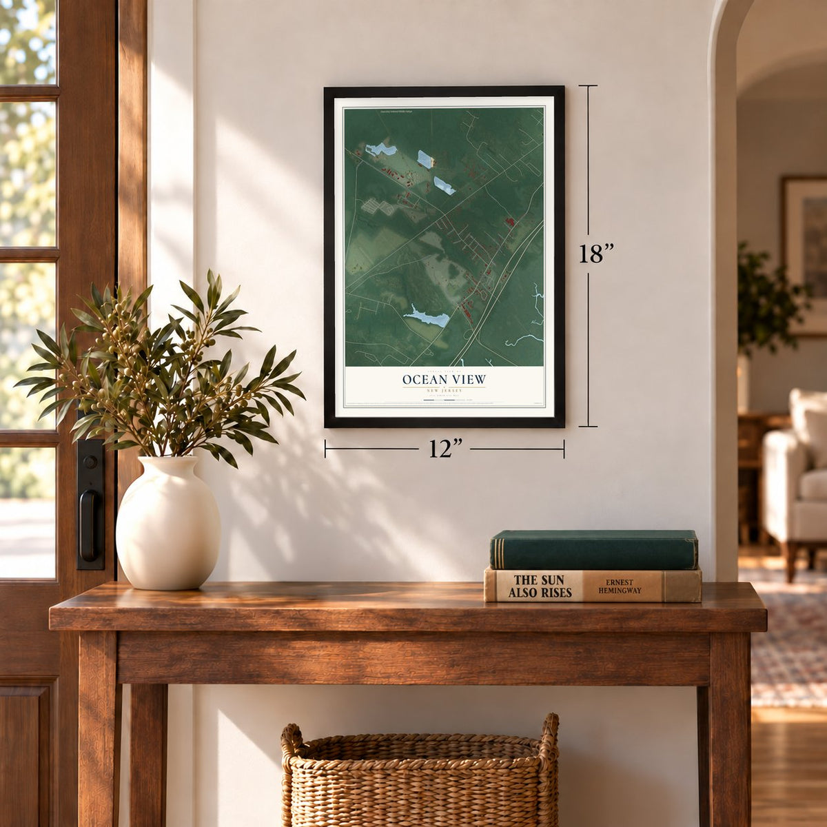 Ocean View, New Jersey map, 12 x 18 inch print in a black frame in an entryway
