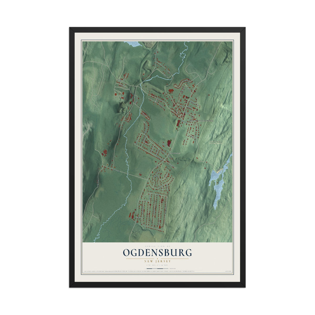 Ogdensburg, New Jersey map print, 12" x 18" W/ Black Ayous Wood Frame mockup
