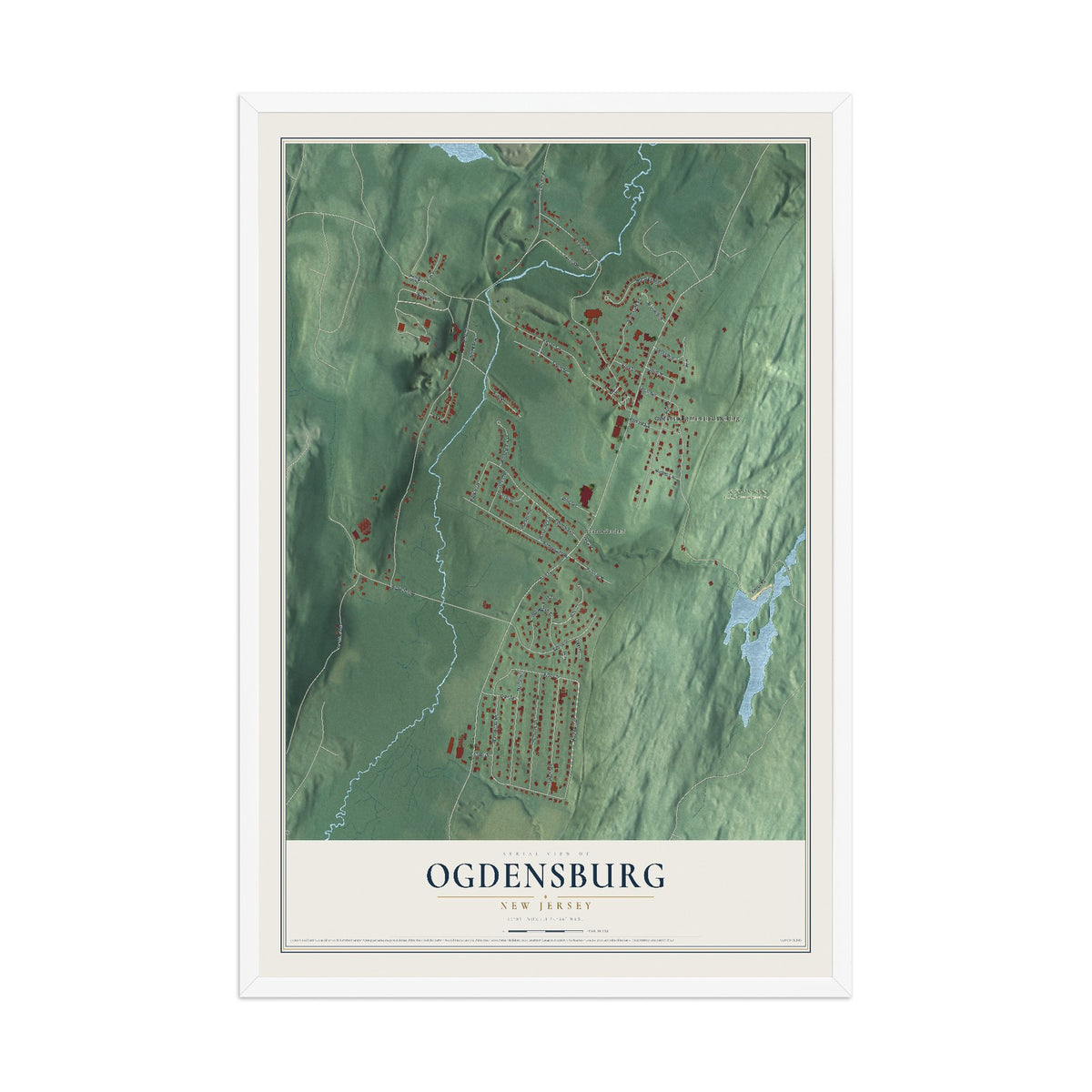 Ogdensburg, New Jersey map print, 12" x 18" W/ White Ayous Wood Frame mockup