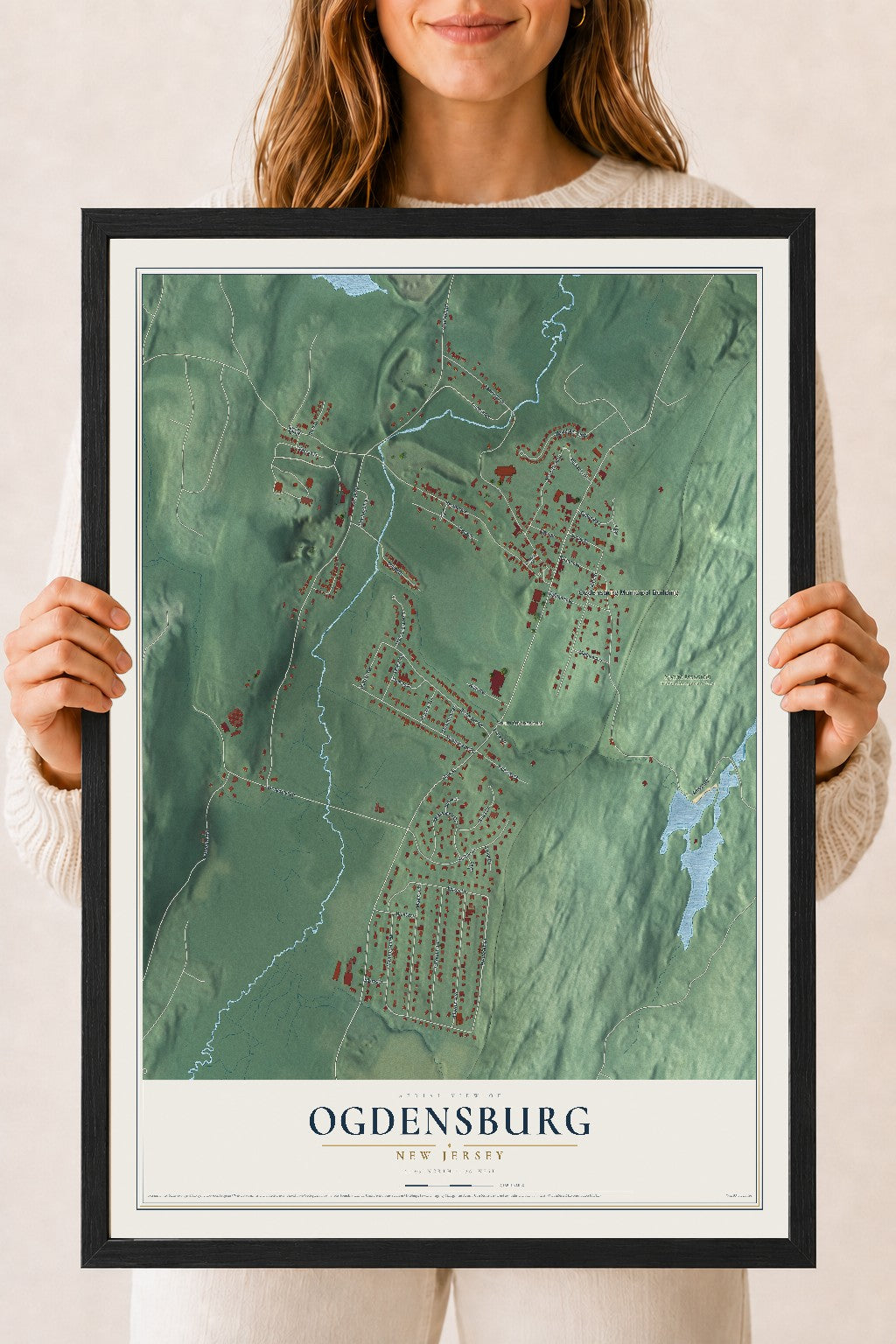 Ogdensburg, New Jersey map print, 18" x 24" W/ Black Ayous Wood Frame mockup