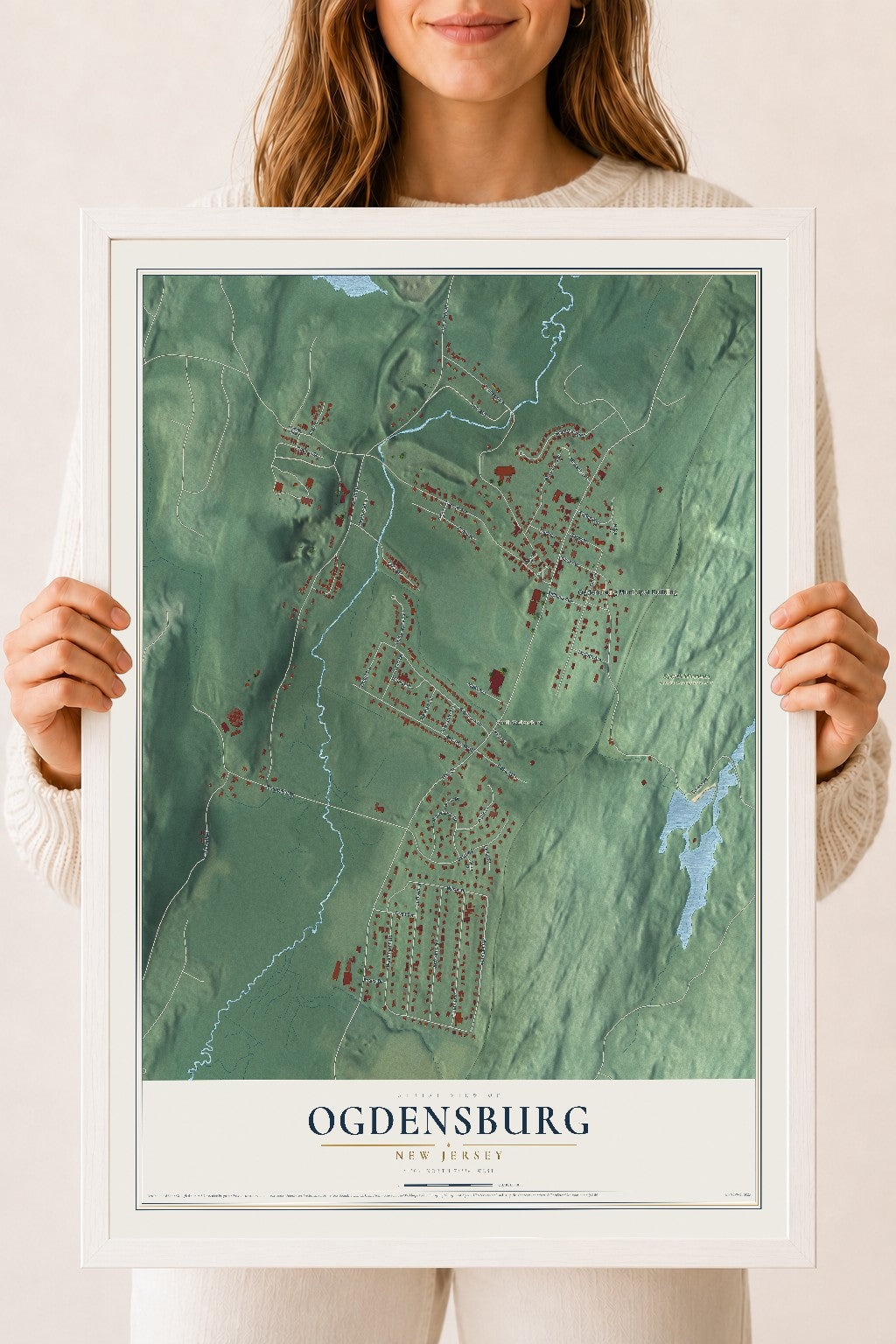 Ogdensburg, New Jersey map print, 18" x 24" W/ White Ayous Wood Frame mockup