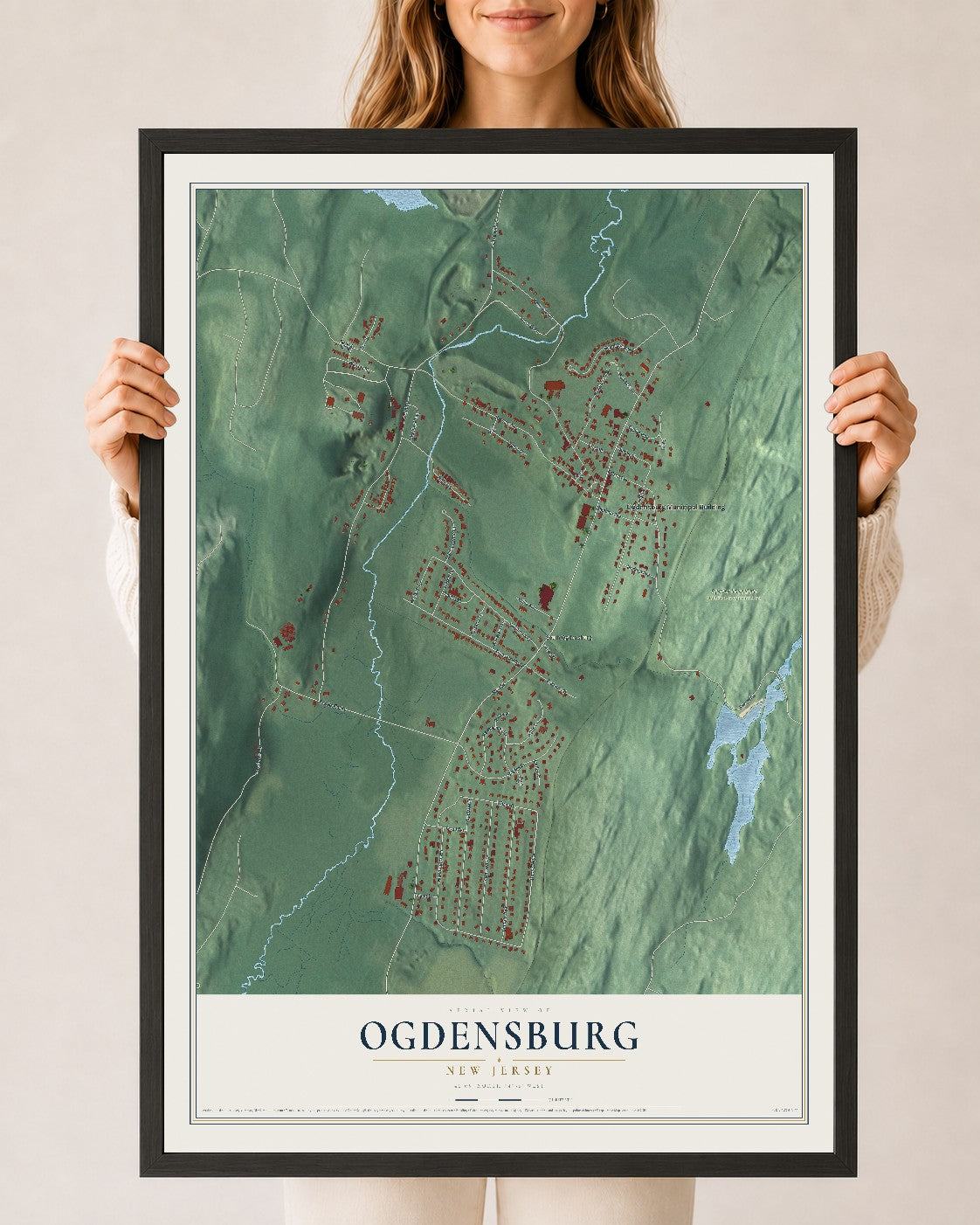 Ogdensburg, New Jersey map print, 24" x 36" W/ Black Ayous Wood Frame mockup