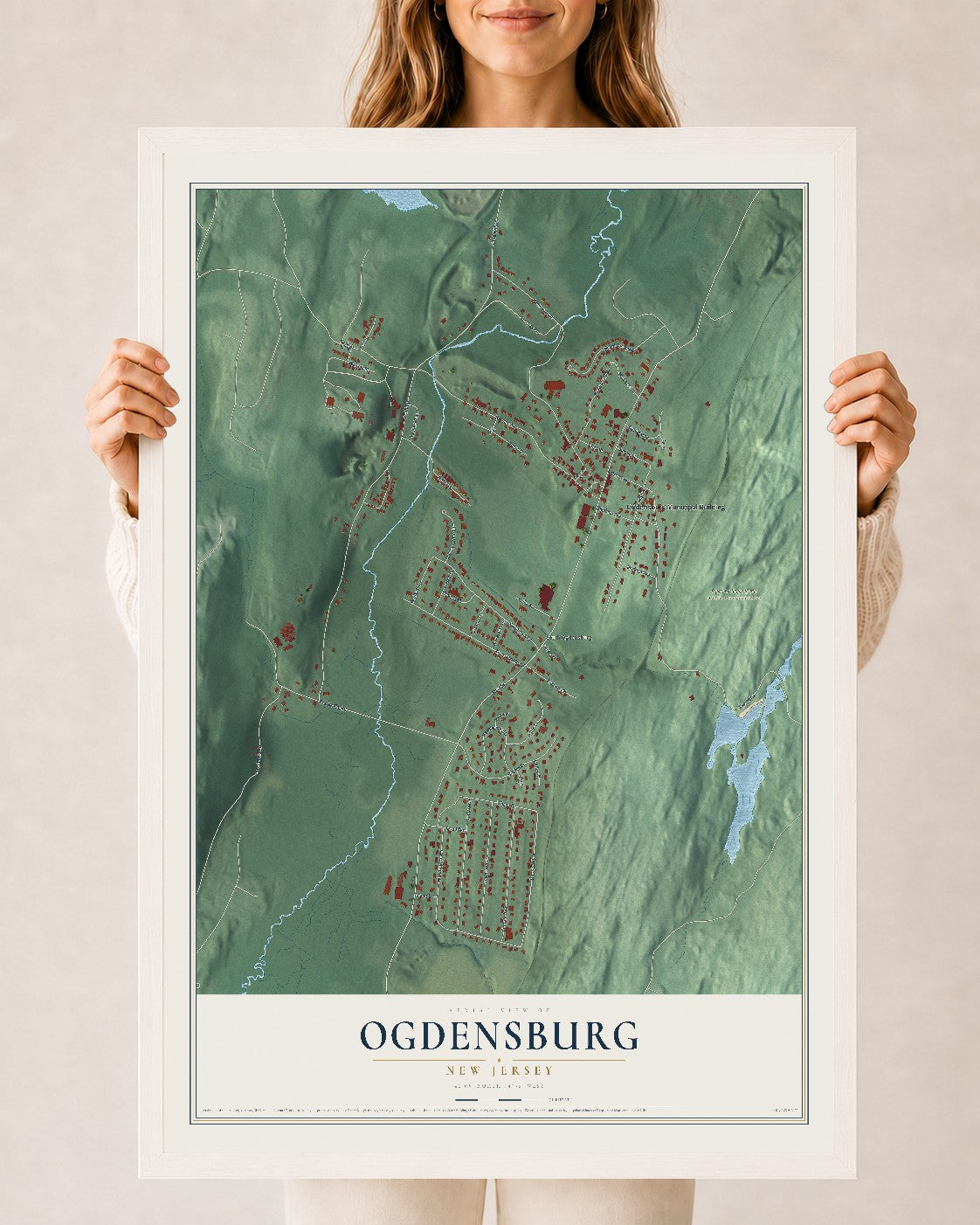 Ogdensburg, New Jersey map print, 24" x 36" W/ White Ayous Wood Frame mockup