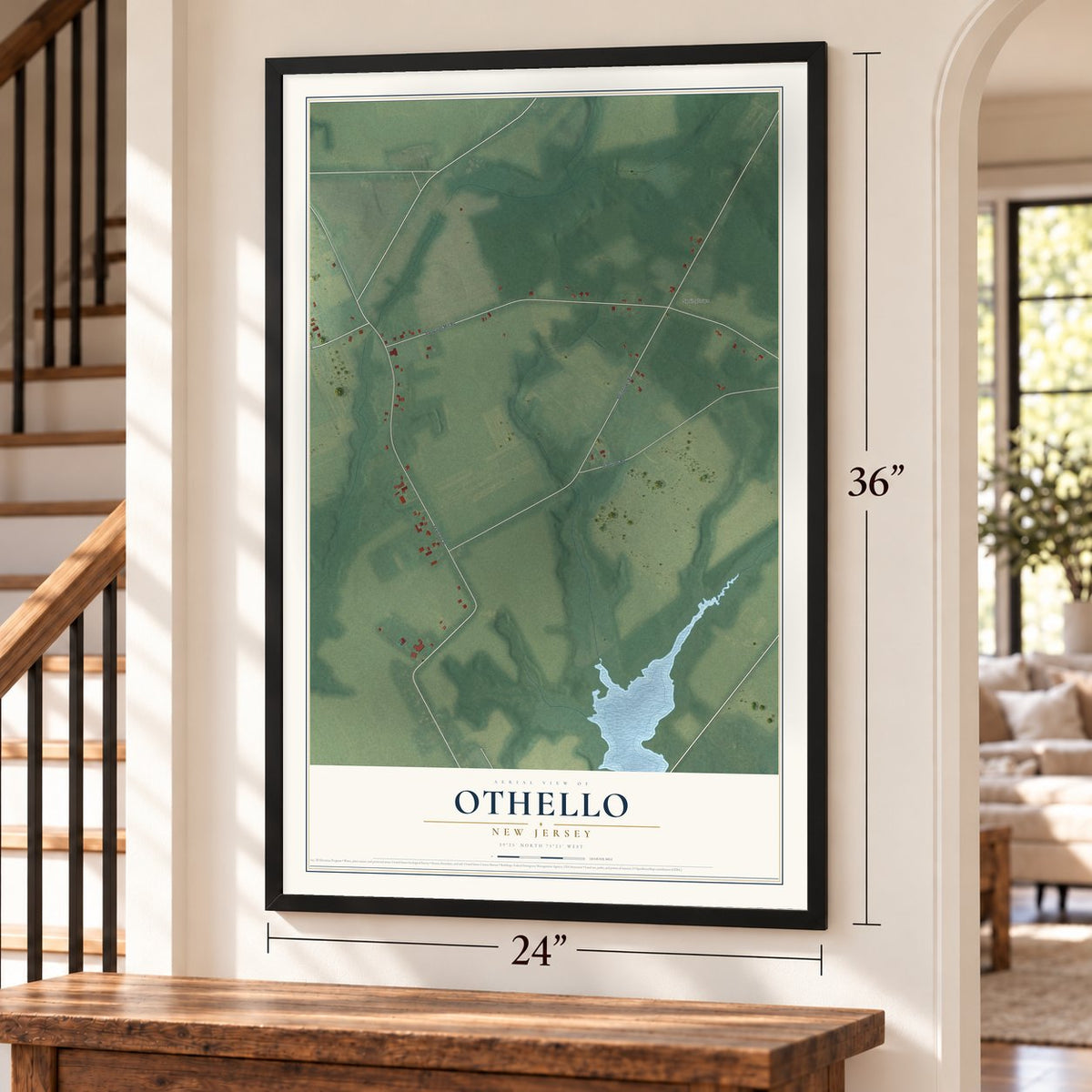 Othello, New Jersey map, 24 x 36 inch print in a black frame by a staircase