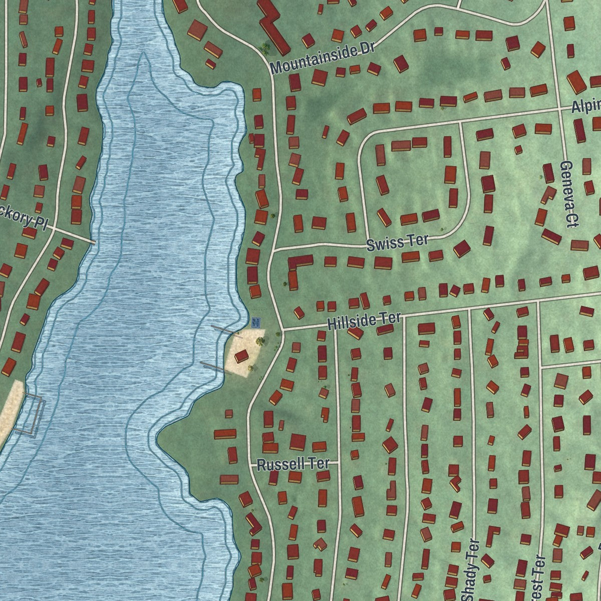 Close-up of the map of Packanack Lake, New Jersey print showing street and building detail