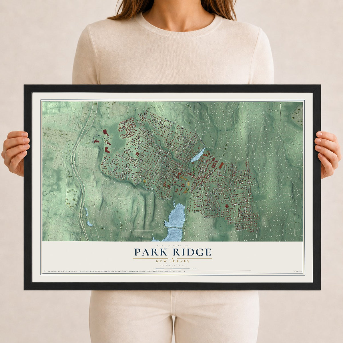Park Ridge, New Jersey map print, 12" x 18" W/ Black Ayous Wood Frame mockup