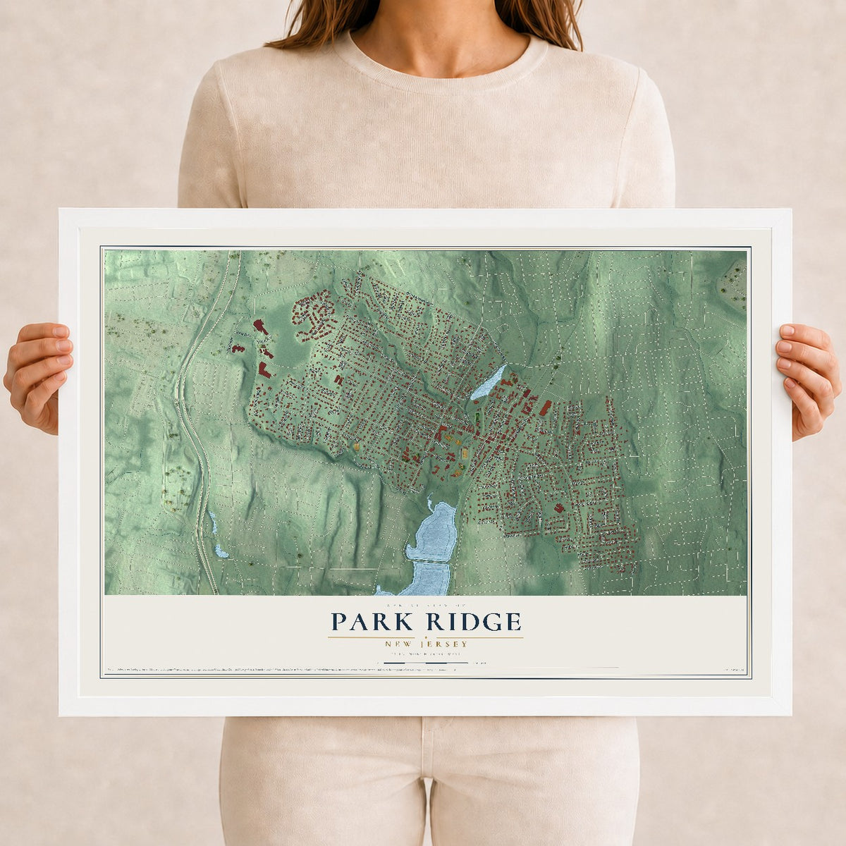 Park Ridge, New Jersey map print, 12" x 18" W/ White Ayous Wood Frame mockup
