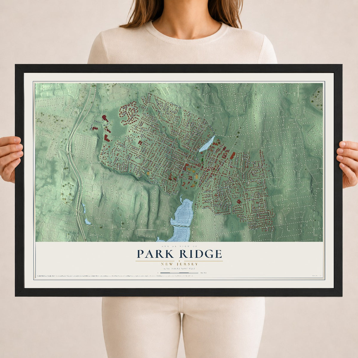 Park Ridge, New Jersey map print, 18" x 24" W/ Black Ayous Wood Frame mockup