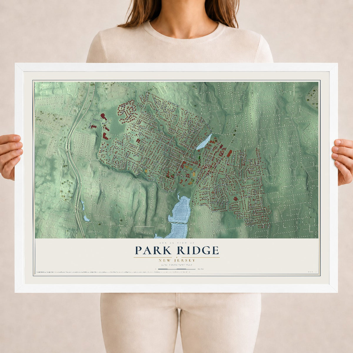 Park Ridge, New Jersey map print, 18" x 24" W/ White Ayous Wood Frame mockup