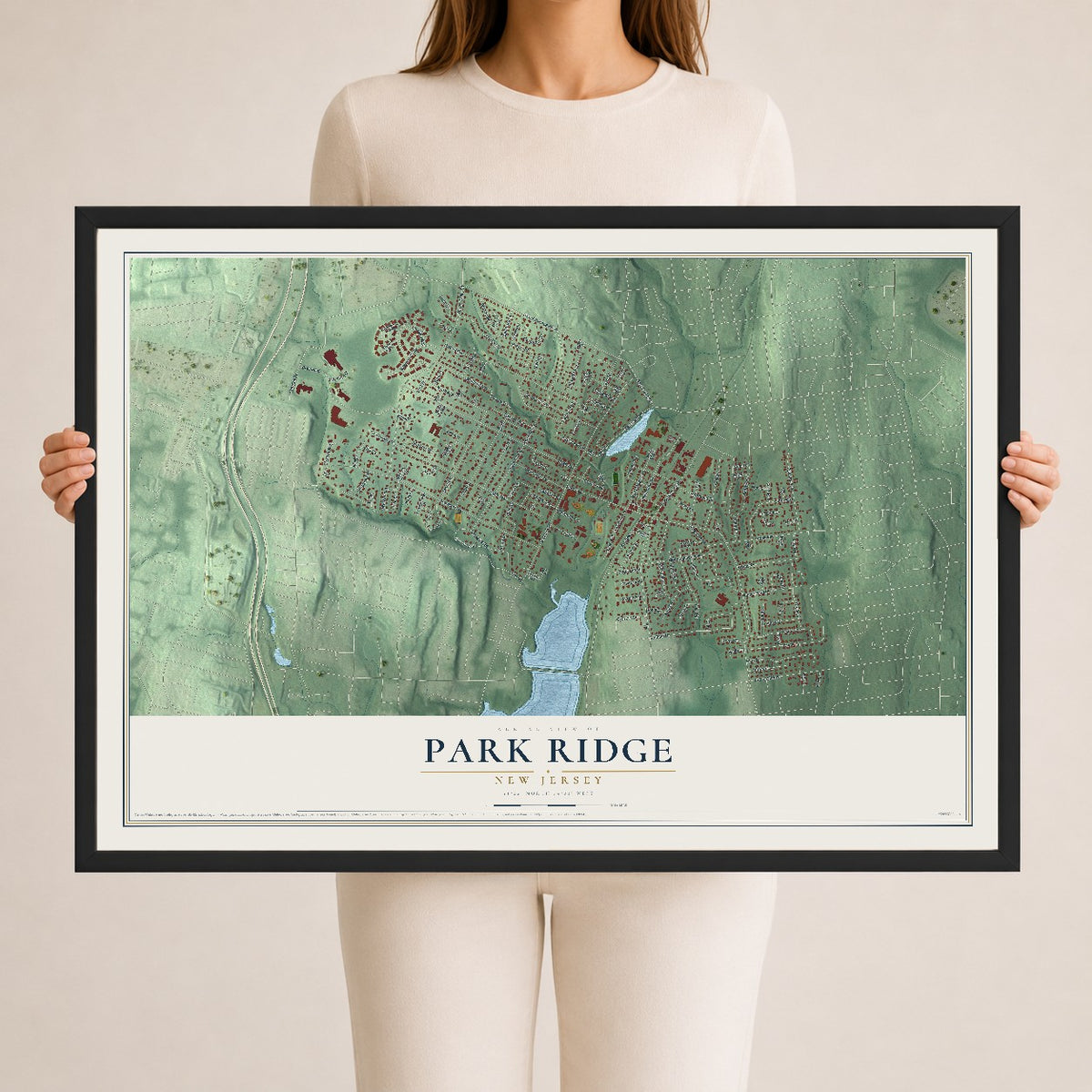 Park Ridge, New Jersey map print, 24" x 36" W/ Black Ayous Wood Frame mockup