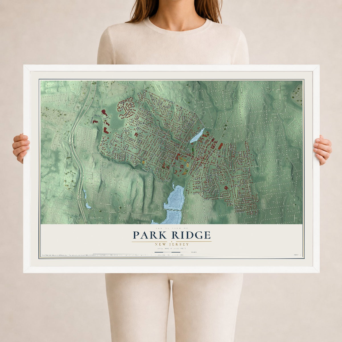 Park Ridge, New Jersey map print, 24" x 36" W/ White Ayous Wood Frame mockup