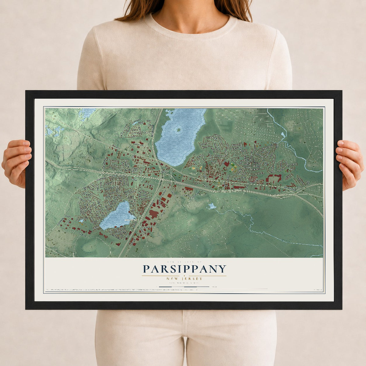Parsippany, New Jersey map print, 12" x 18" W/ Black Ayous Wood Frame mockup