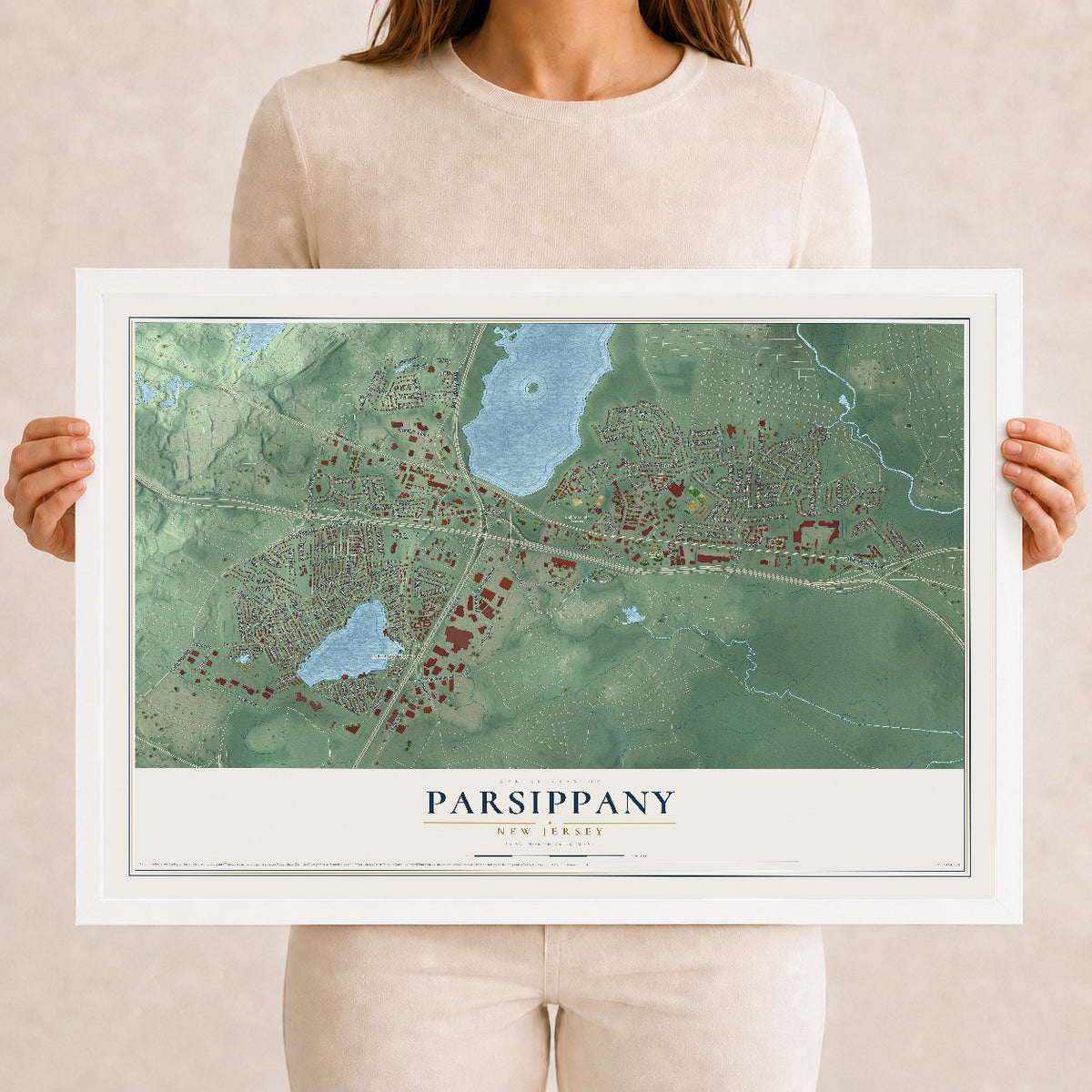 Parsippany, New Jersey map print, 12" x 18" W/ White Ayous Wood Frame mockup