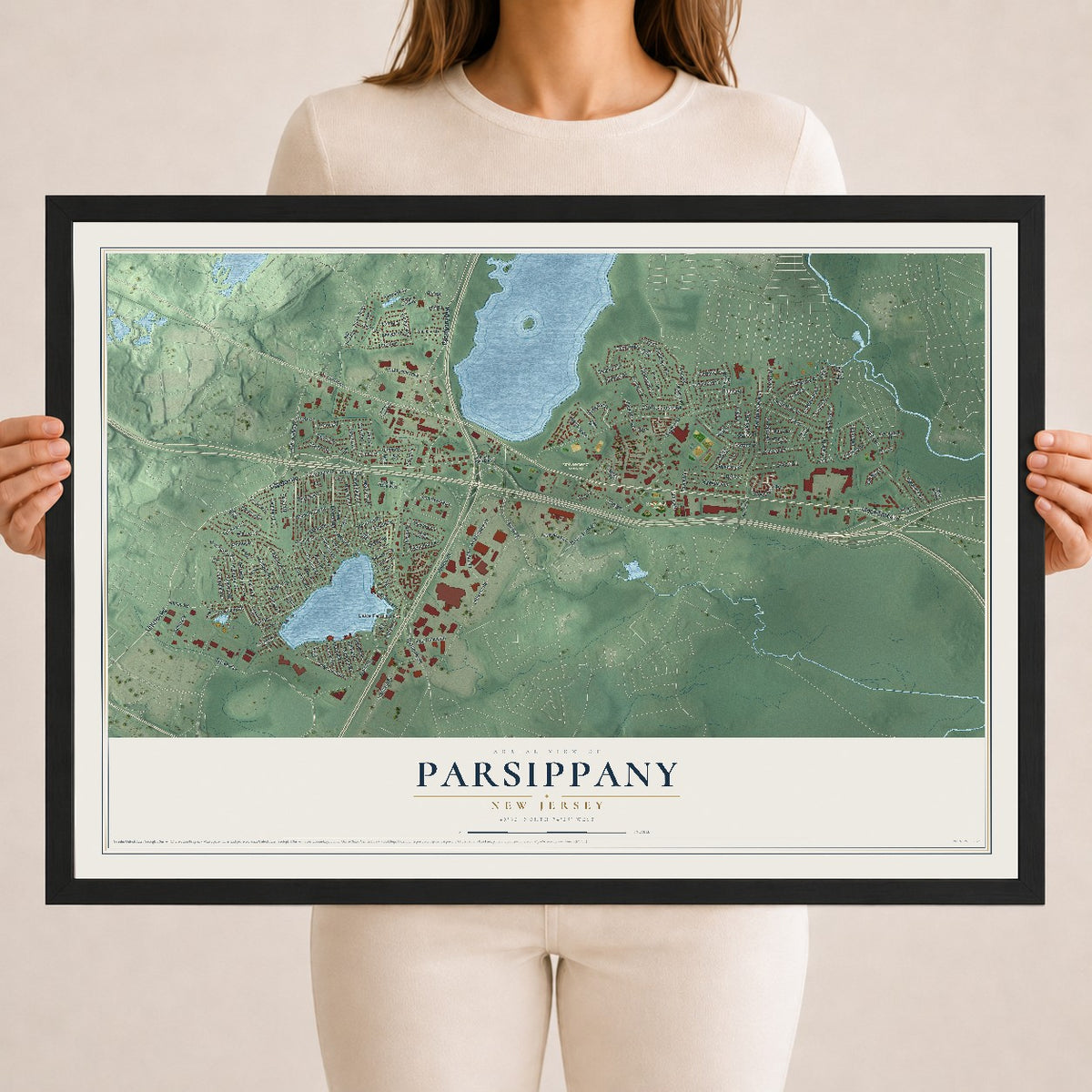 Parsippany, New Jersey map print, 18" x 24" W/ Black Ayous Wood Frame mockup