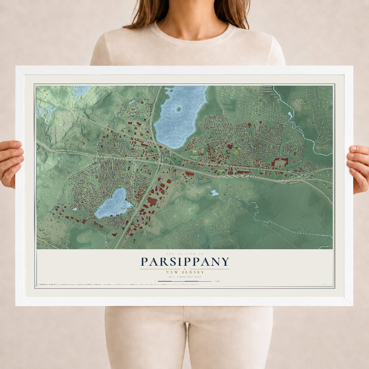 Parsippany, New Jersey map print, 18" x 24" W/ White Ayous Wood Frame mockup