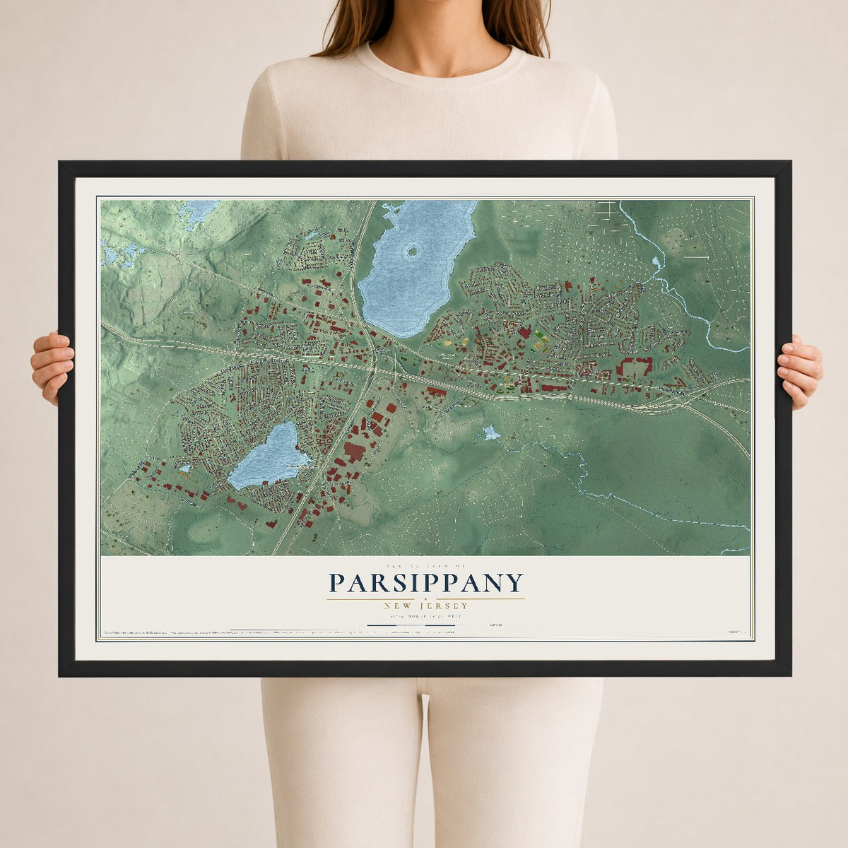 Parsippany, New Jersey map print, 24" x 36" W/ Black Ayous Wood Frame mockup