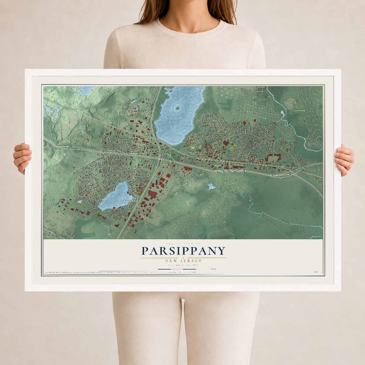 Parsippany, New Jersey map print, 24" x 36" W/ White Ayous Wood Frame mockup