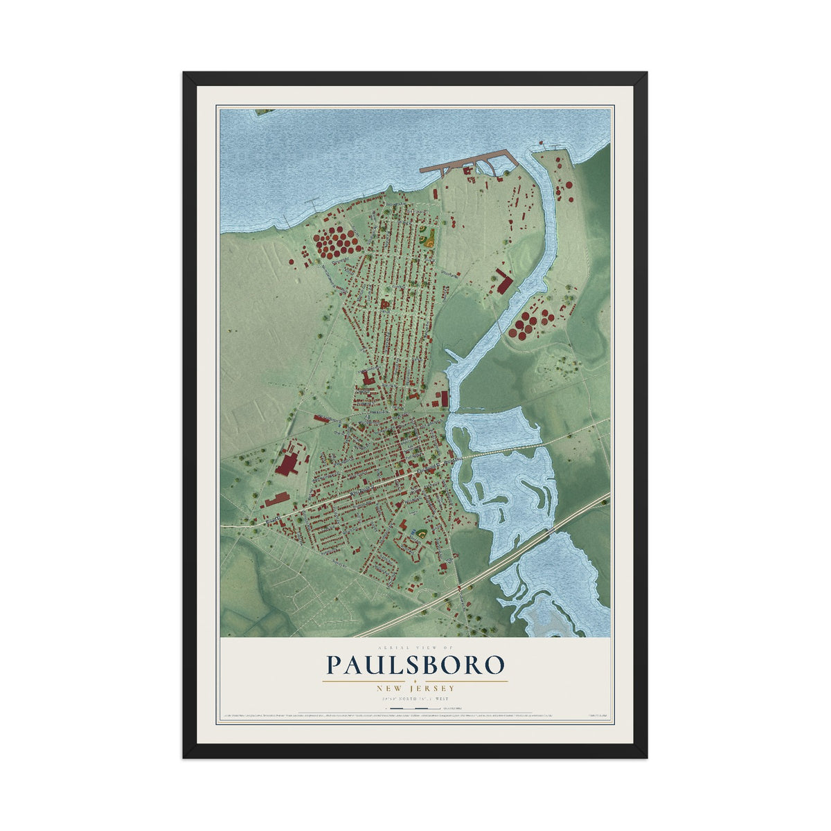 Paulsboro, New Jersey map print, 12" x 18" W/ Black Ayous Wood Frame mockup