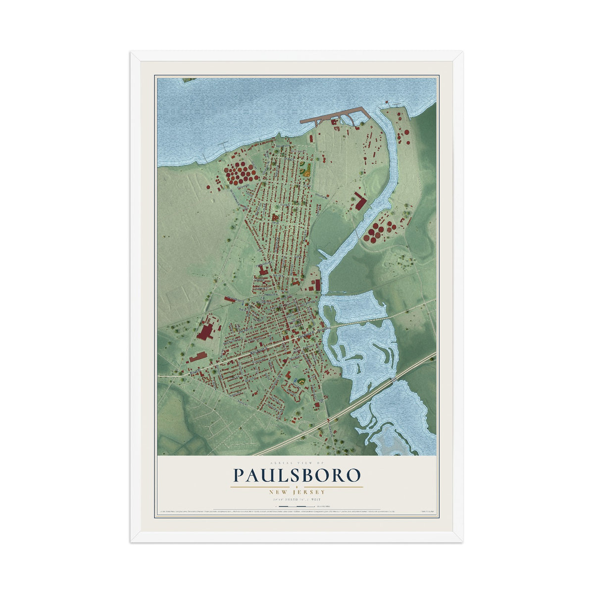 Paulsboro, New Jersey map print, 12" x 18" W/ White Ayous Wood Frame mockup