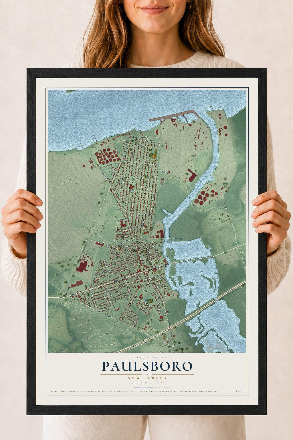 Paulsboro, New Jersey map print, 18" x 24" W/ Black Ayous Wood Frame mockup