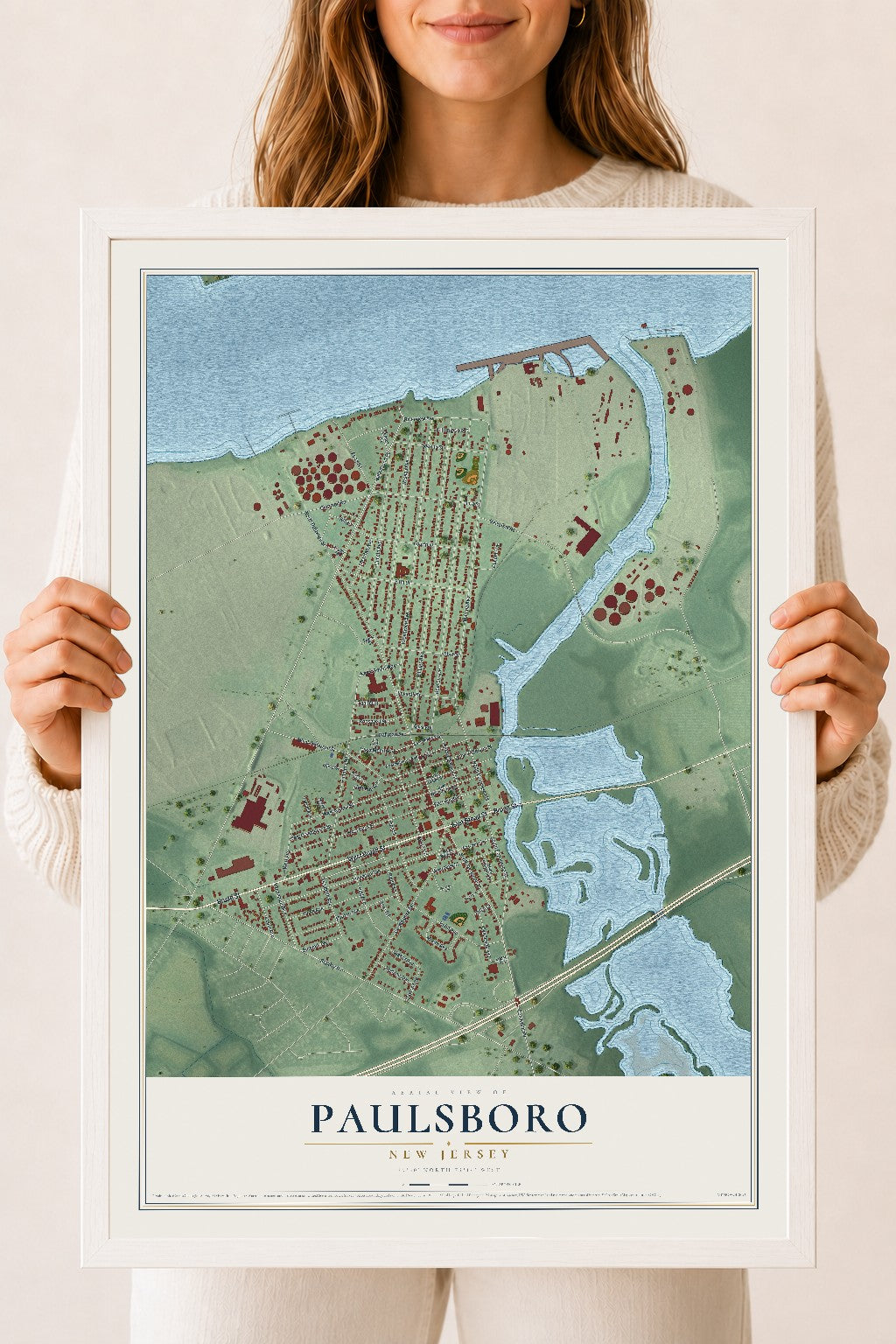 Paulsboro, New Jersey map print, 18" x 24" W/ White Ayous Wood Frame mockup