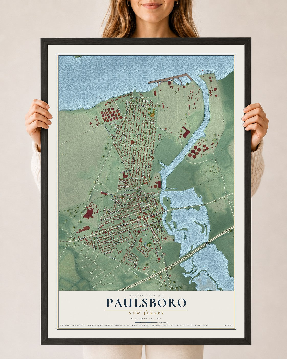 Paulsboro, New Jersey map print, 24" x 36" W/ Black Ayous Wood Frame mockup