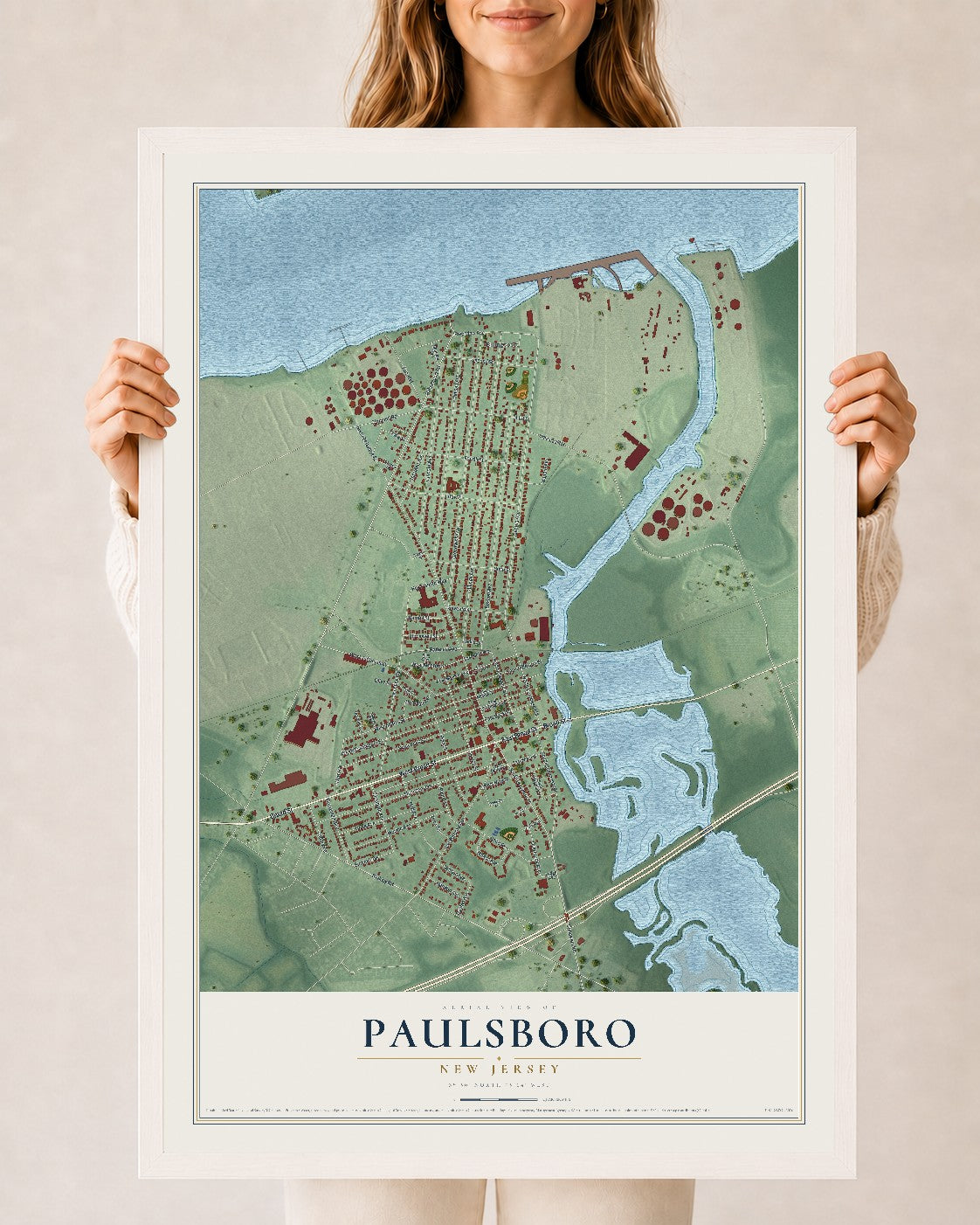 Paulsboro, New Jersey map print, 24" x 36" W/ White Ayous Wood Frame mockup