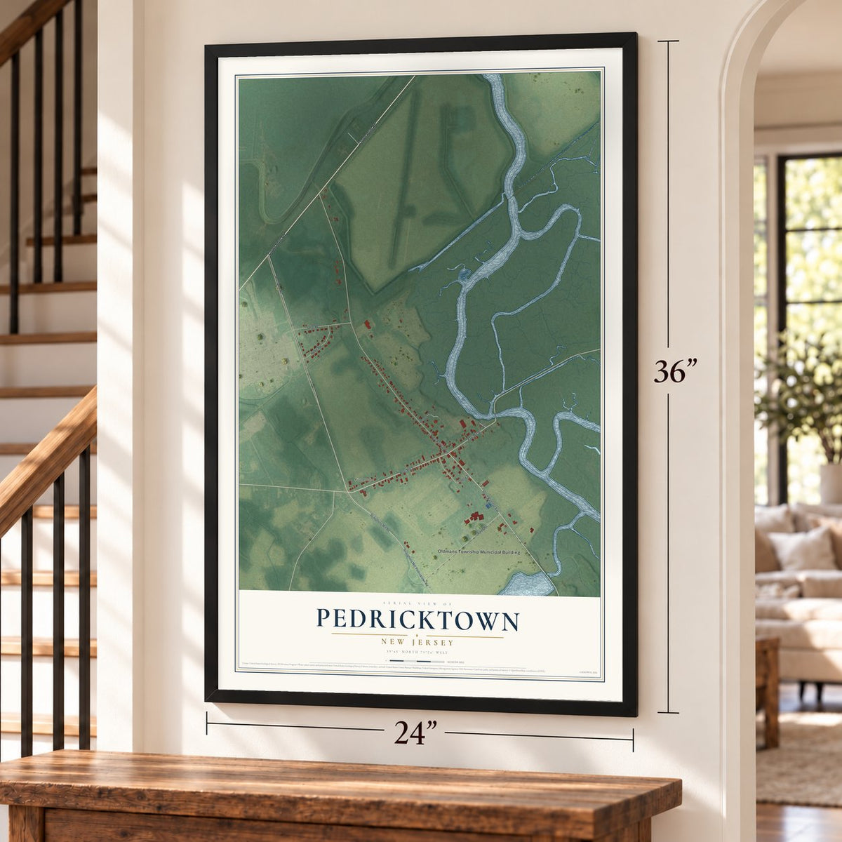 Pedricktown, New Jersey map, 24 x 36 inch print in a black frame by a staircase