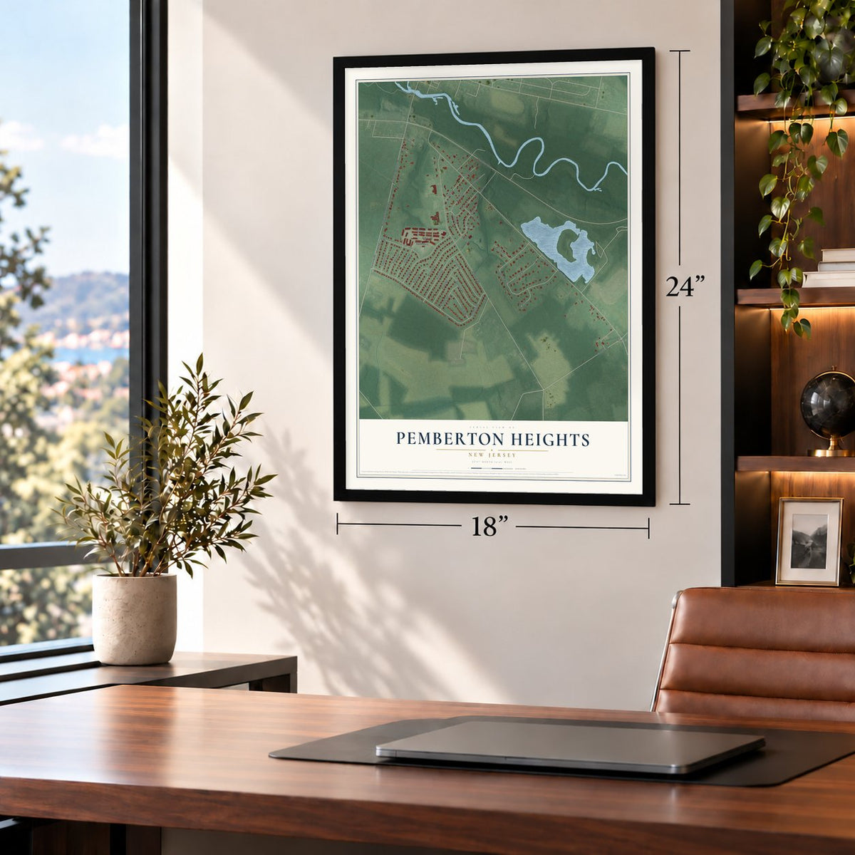 Pemberton Heights, New Jersey map, 18 x 24 inch print in a black frame in a home office