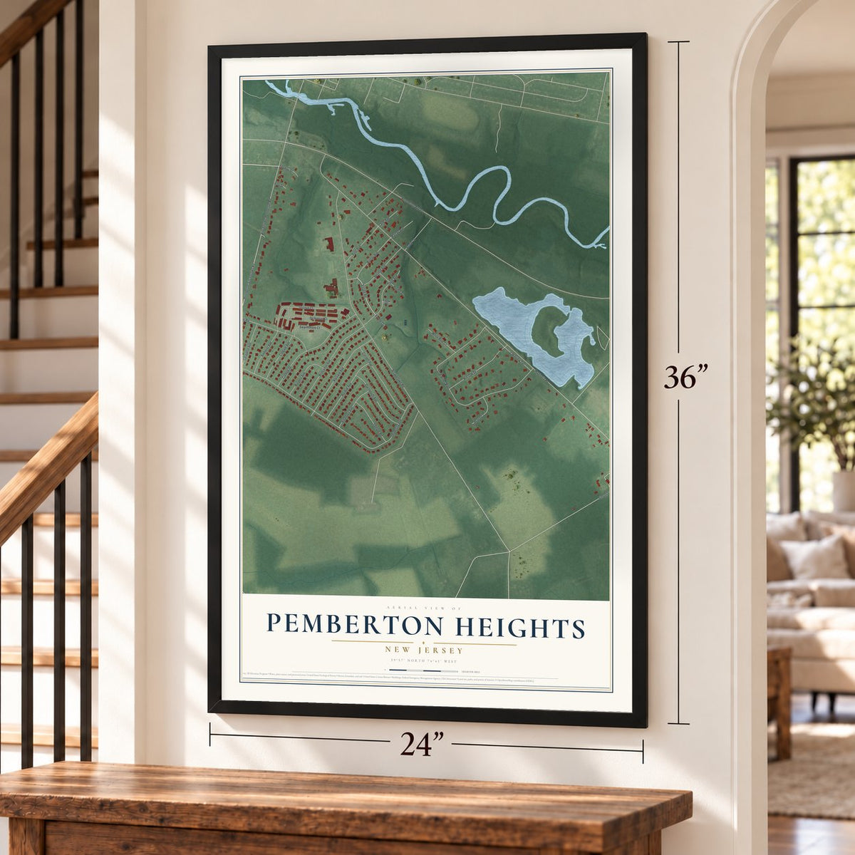 Pemberton Heights, New Jersey map, 24 x 36 inch print in a black frame by a staircase