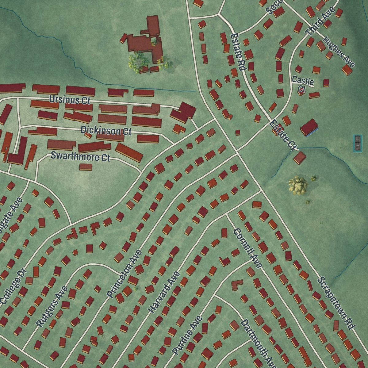 Close-up of the map of Pemberton Heights, New Jersey print showing street and building detail