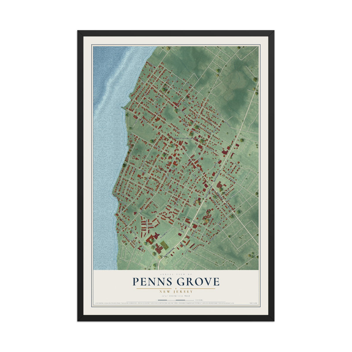 Penns Grove, New Jersey map print, 12" x 18" W/ Black Ayous Wood Frame mockup